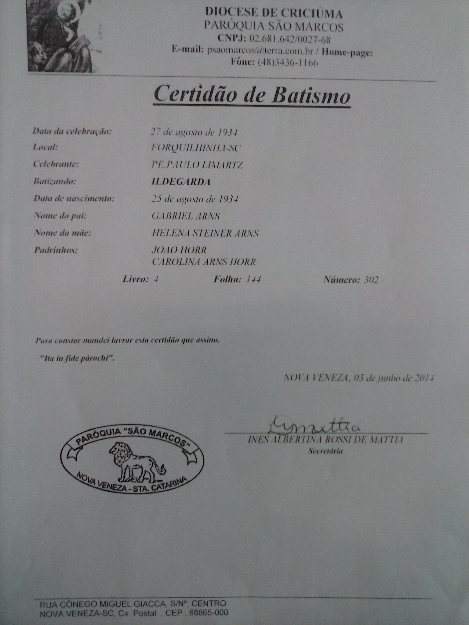 certidão de batismo